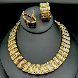 Striking Chunky Silver and Gold Tone Modern Collar Necklace and Earring Set